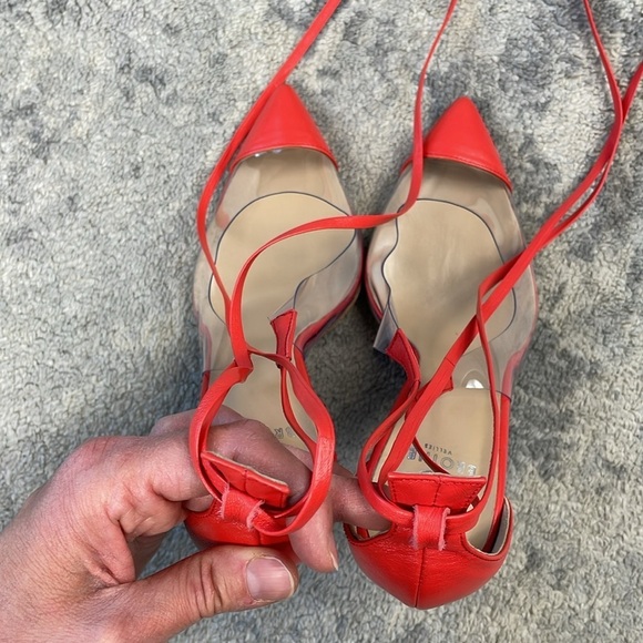 Brother Vellies De Fleur Ankle Tie Pointed Toe Pumps Red Orange PVC Sz 6 - Picture 10 of 15